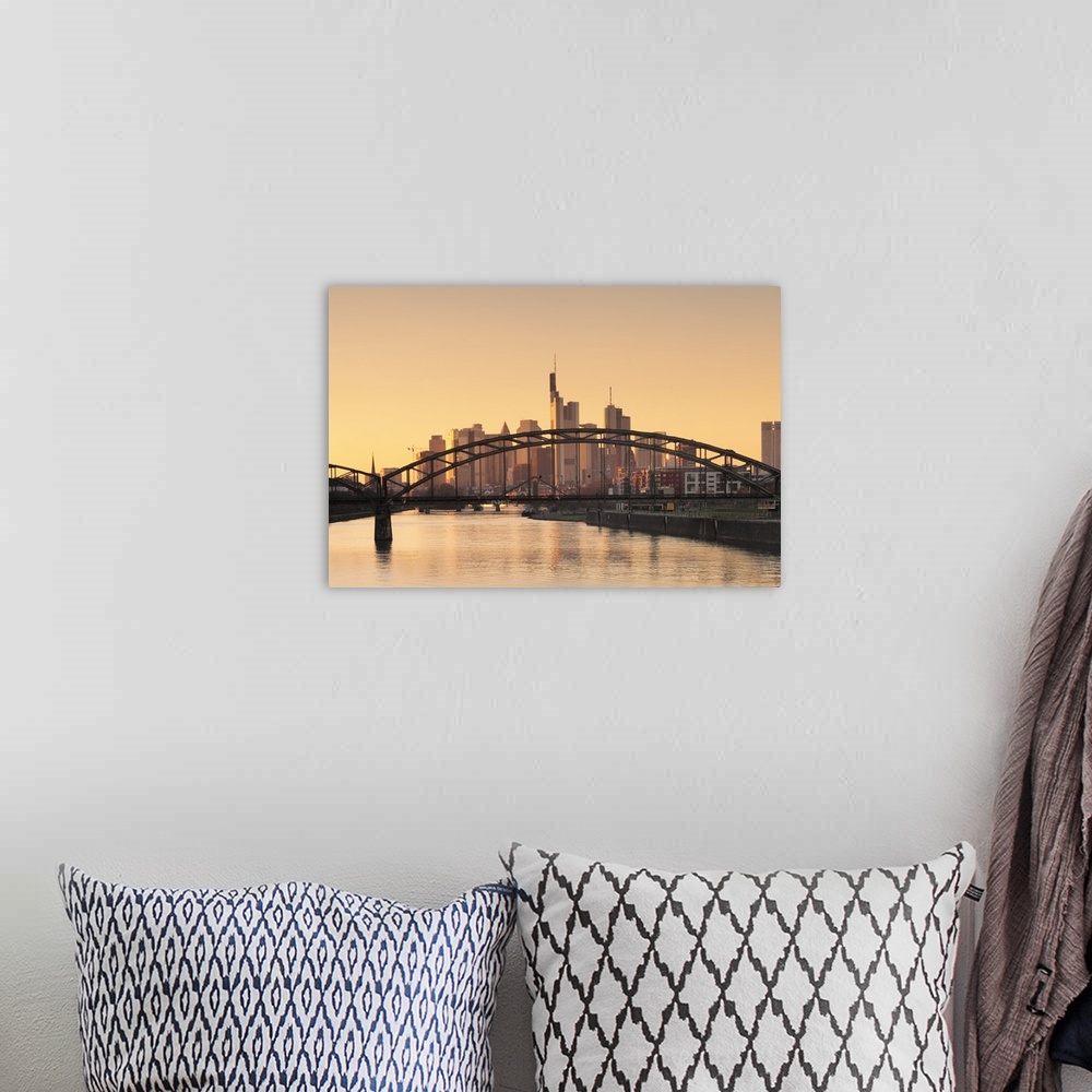 A bohemian room featuring View over Main River to the financial district, skyline of Frankfurt, Hesse, Germany, Europe