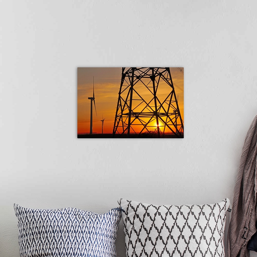 A bohemian room featuring Windmills, pylon and power lines in morning light, Germany