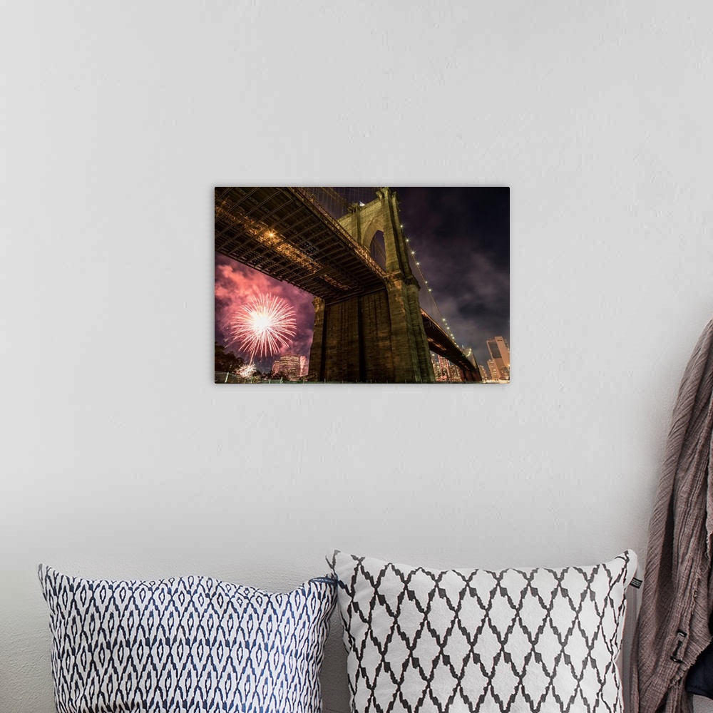 A bohemian room featuring Brooklyn Bridge and fireworks over Manhattan in NYC