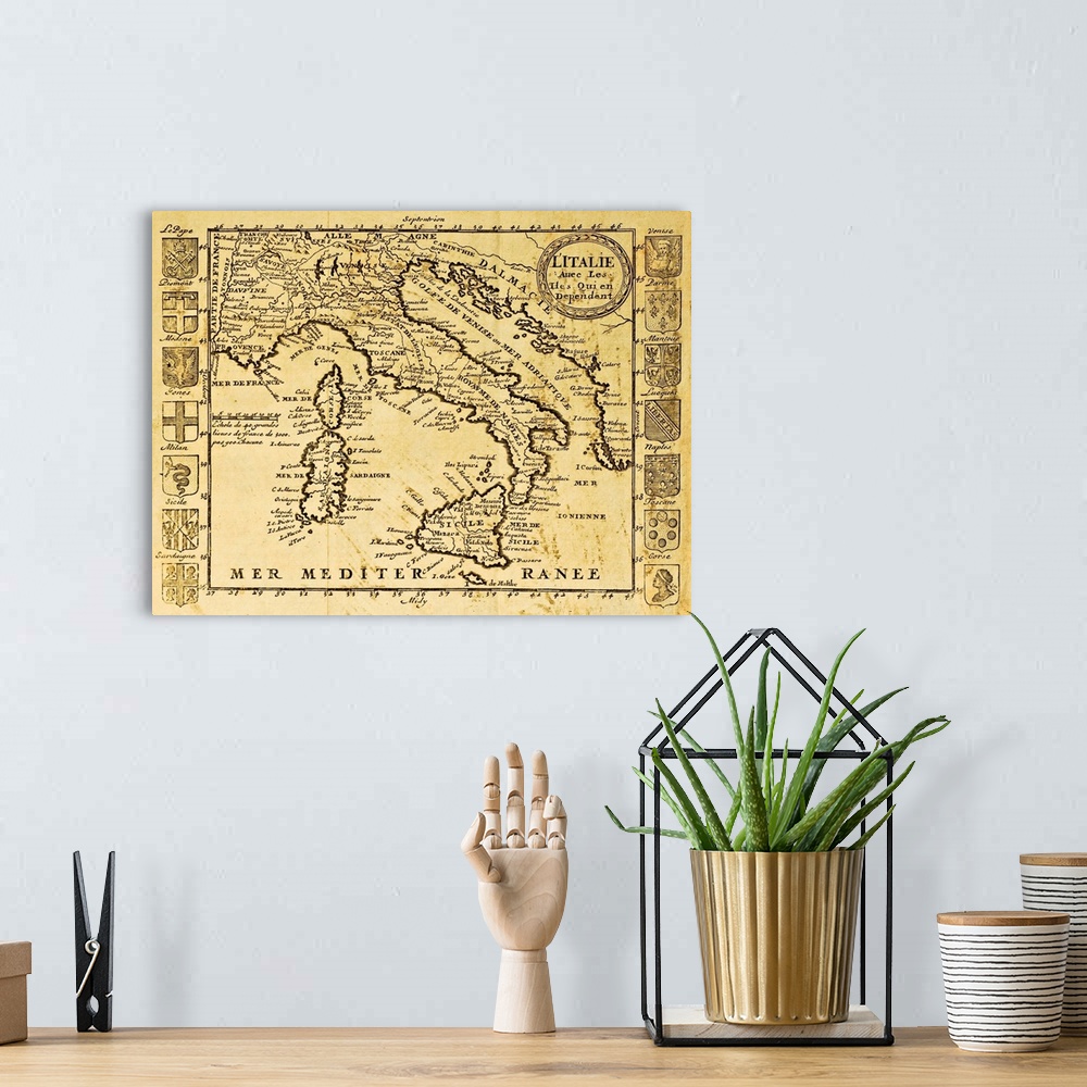 A bohemian room featuring Map of Italy framed by territorial crests. May be dated to the beginning of XVIII sec.