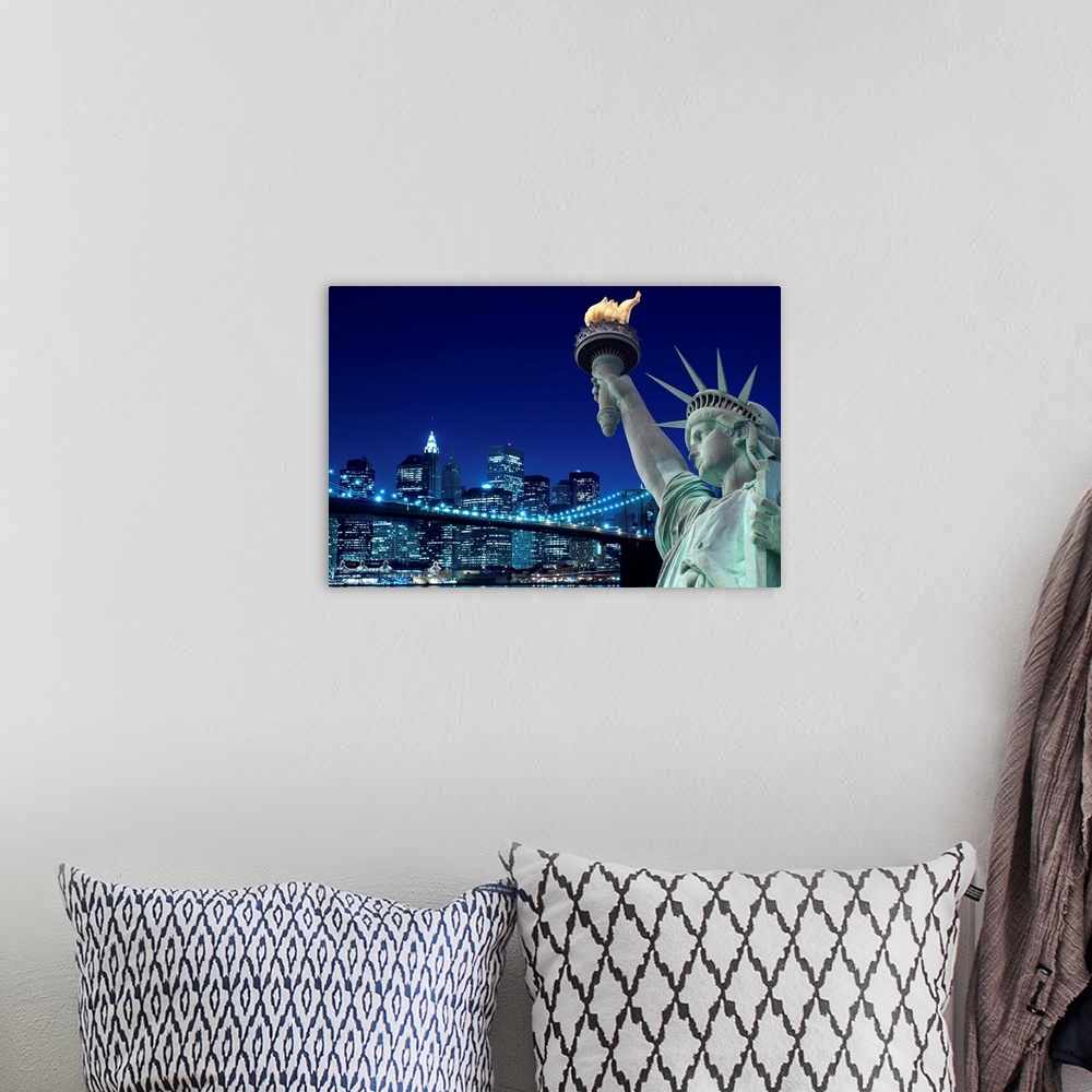A bohemian room featuring Brooklyn Bridge and The Statue of Liberty at Night, New York City.