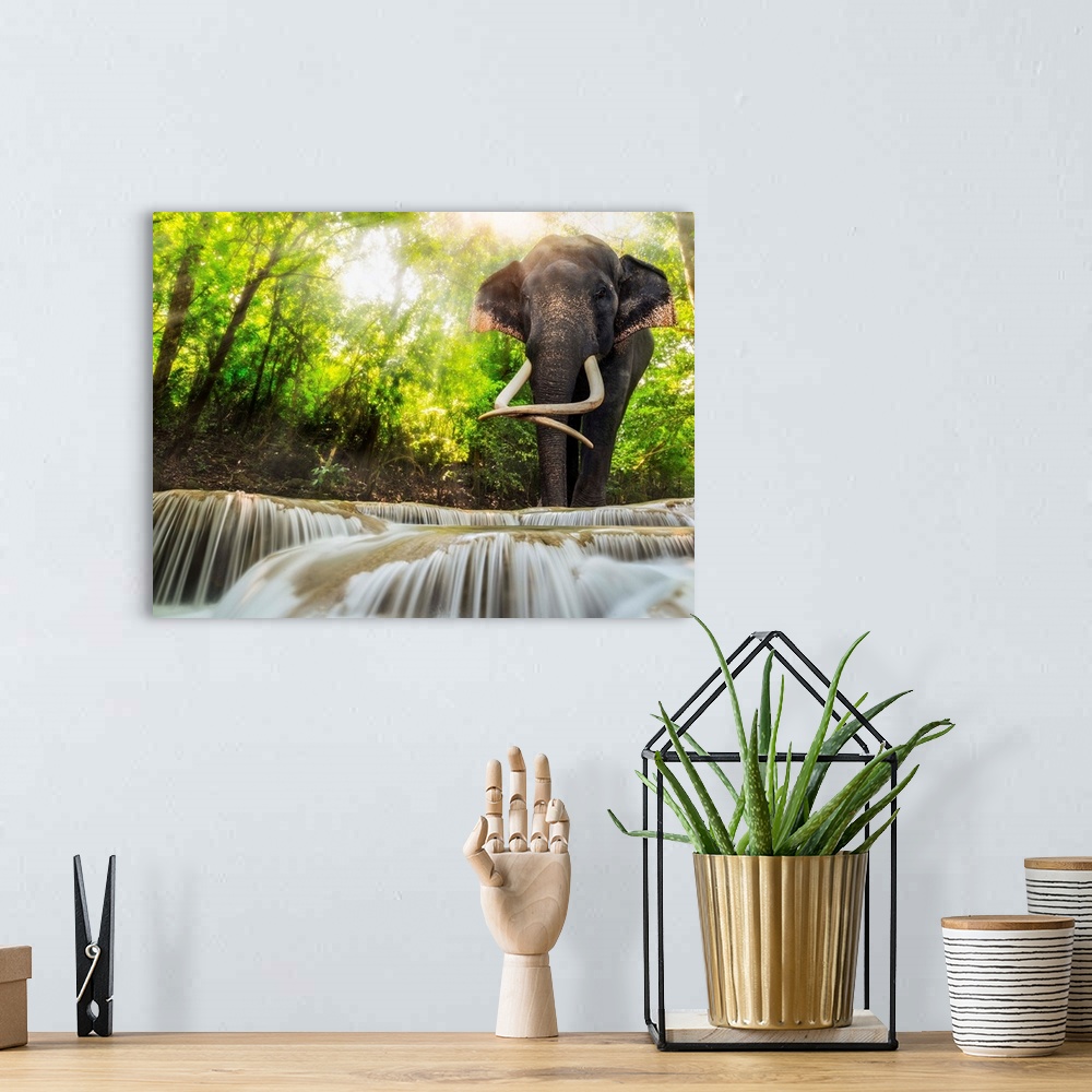 A bohemian room featuring Erawan Waterfall with an elephant Kanchanaburi Thailand.