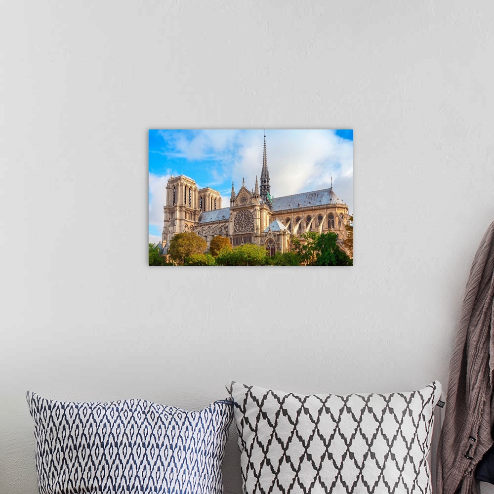 A bohemian room featuring Notre Dame de Paris cathedral France. The most popular city landmark.