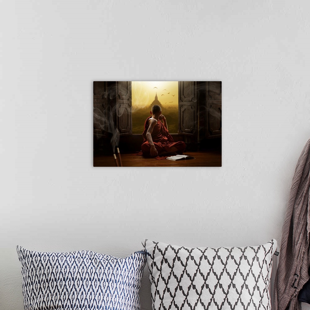 A bohemian room featuring Novice Buddhist Monk Inside A Temple In The Bagan Valley