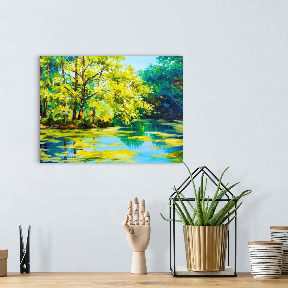 A bohemian room featuring Oil painting of a lake in a forest.