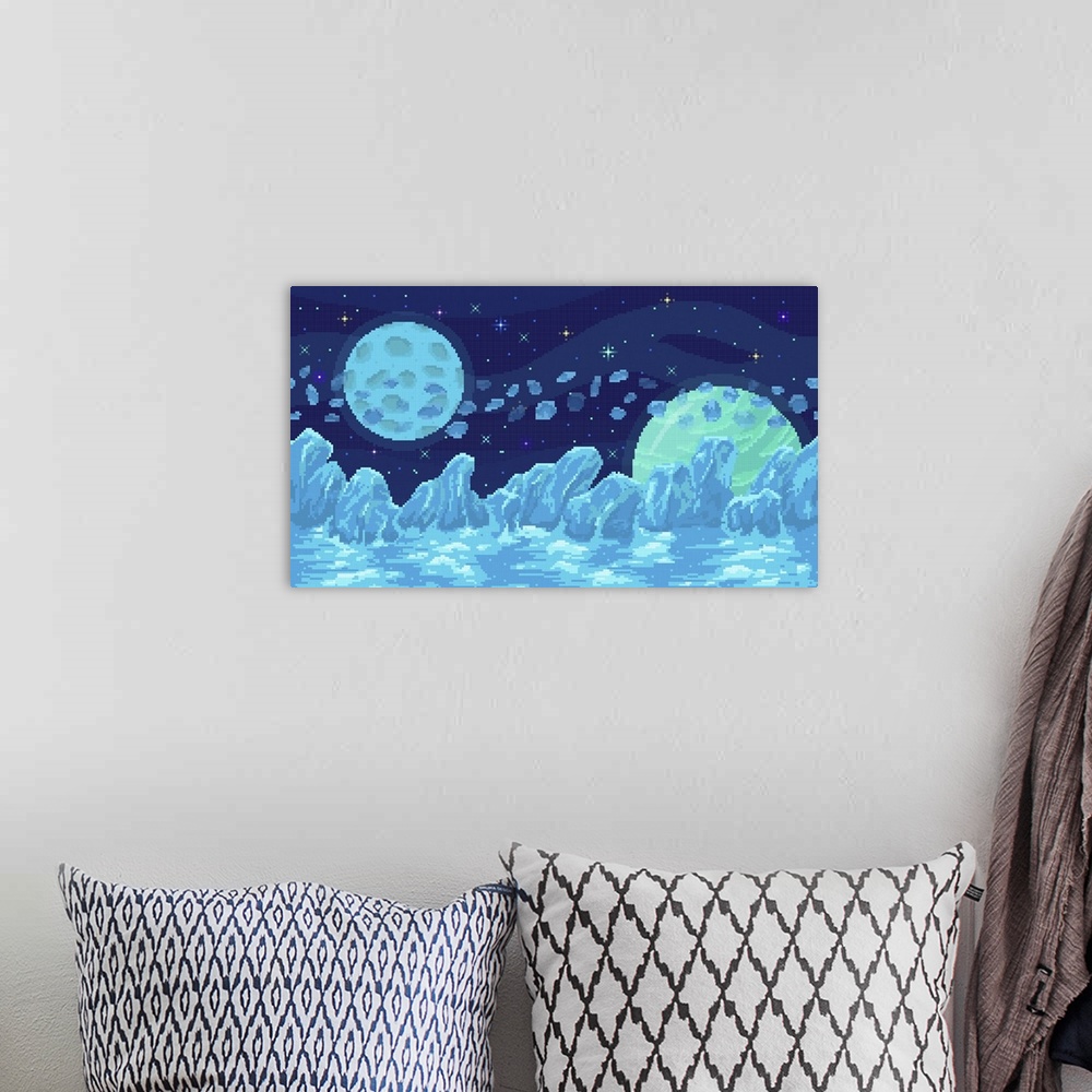 A bohemian room featuring Space pixel art. Ice landscape with mountains, planet and stars. 8 bit galaxy area with few planets.