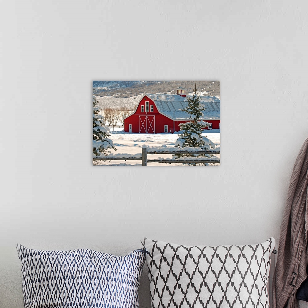A bohemian room featuring Red Barn with Snow