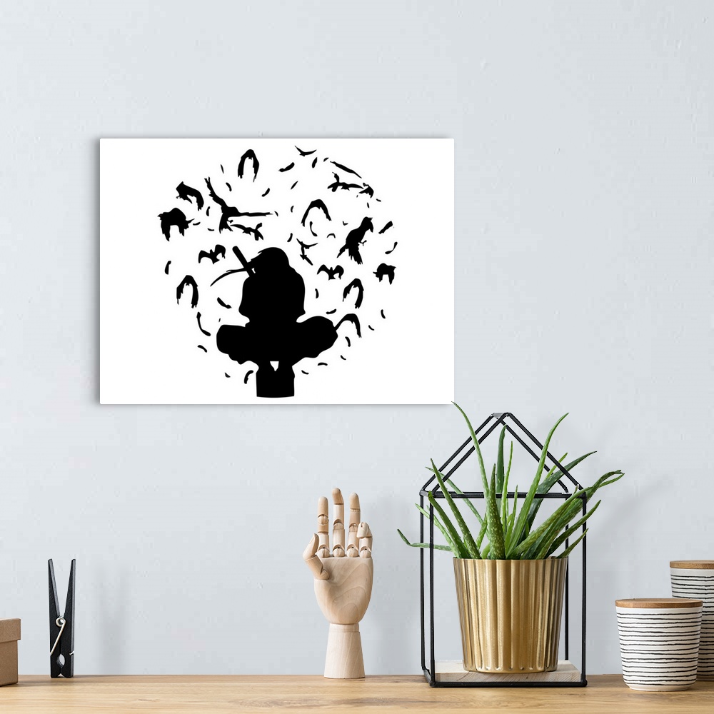 A bohemian room featuring Silhouette of a man in anime style. Originally illustration.