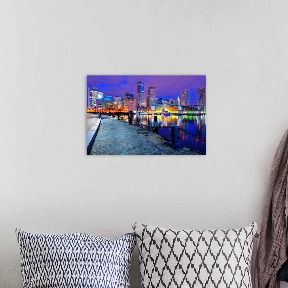 A bohemian room featuring Financial District of Boston, Massachusetts viewed from Boston Harbor.