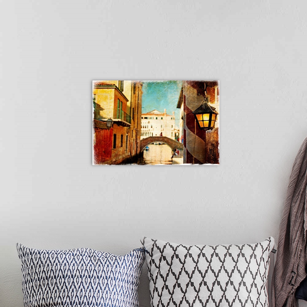 A bohemian room featuring streets of Venice - artwork in painting style