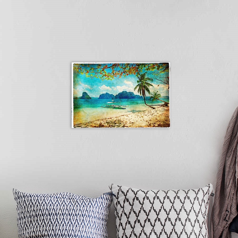 A bohemian room featuring tropical beach - artwork in painting style