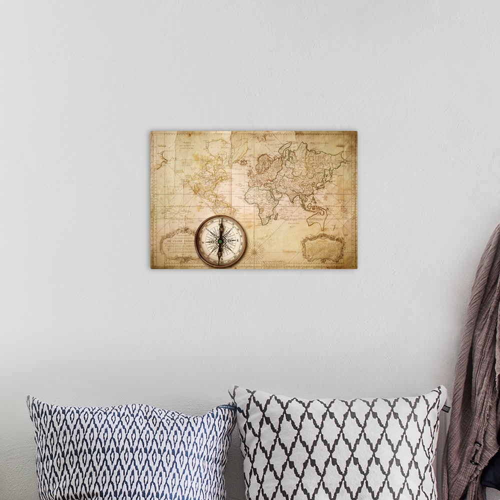 Vintage Map With Compass Solid-Faced Canvas Print