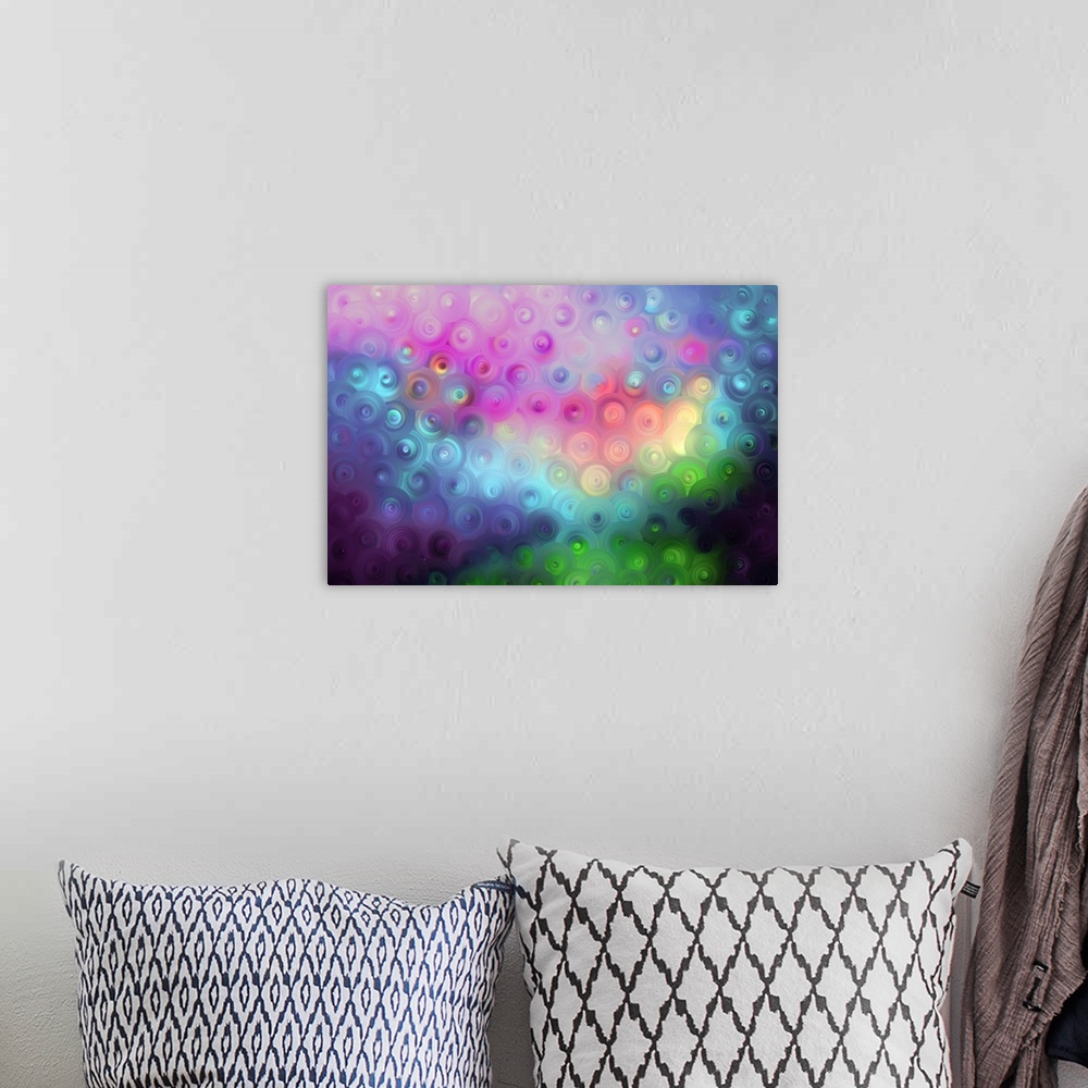 A bohemian room featuring Abstract artwork of overlapping swirling circles in bold rainbow tones.