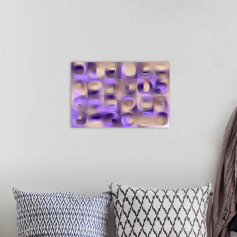 A bohemian room featuring Abstract artwork using deep purple tones and water like ripples.