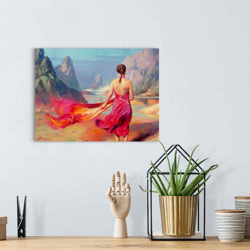 A bohemian room featuring Traditional representational painting of a young, beautiful woman walking confidently across the ...