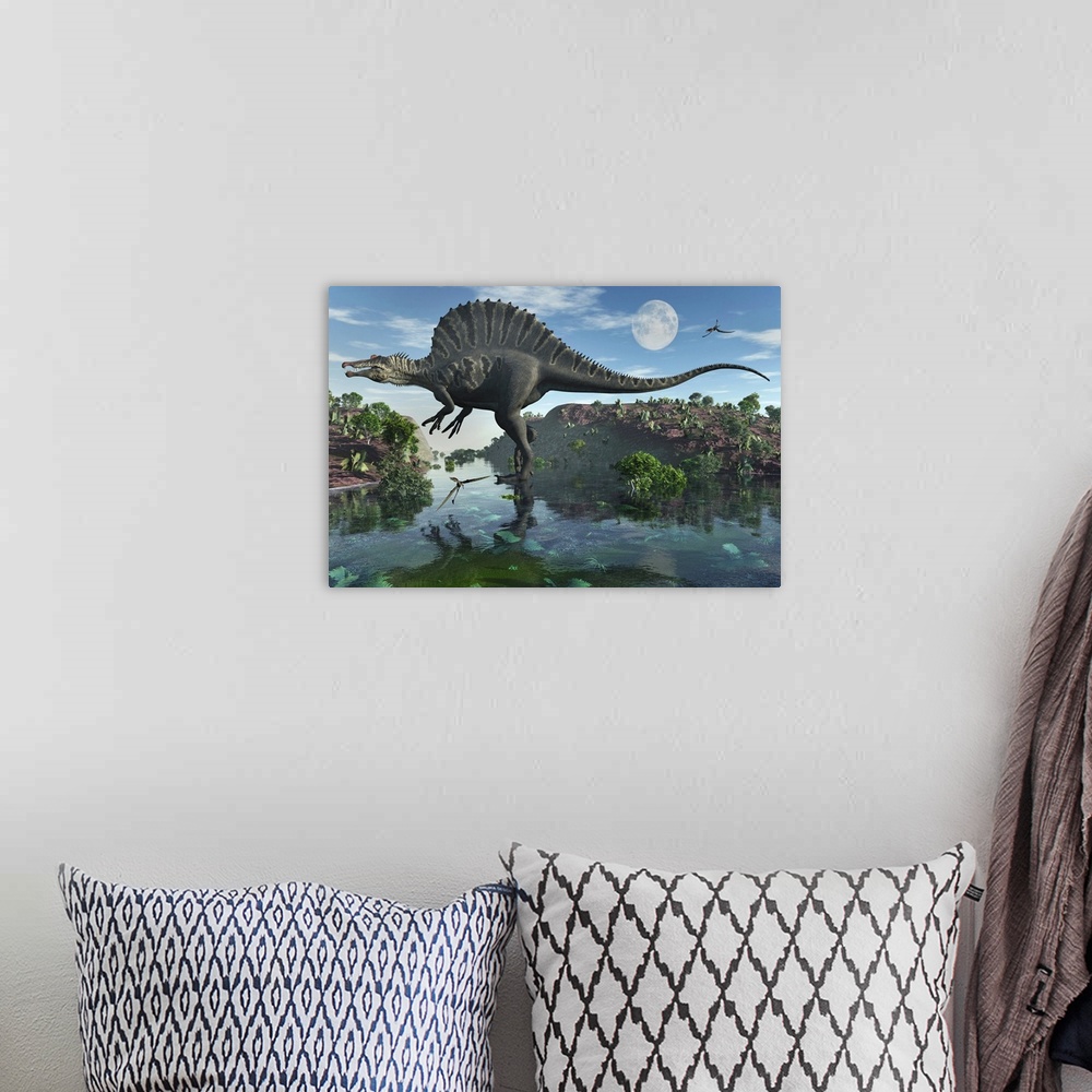 A bohemian room featuring A carnivorous Spinosaurus during Earth's Cretaceous period.