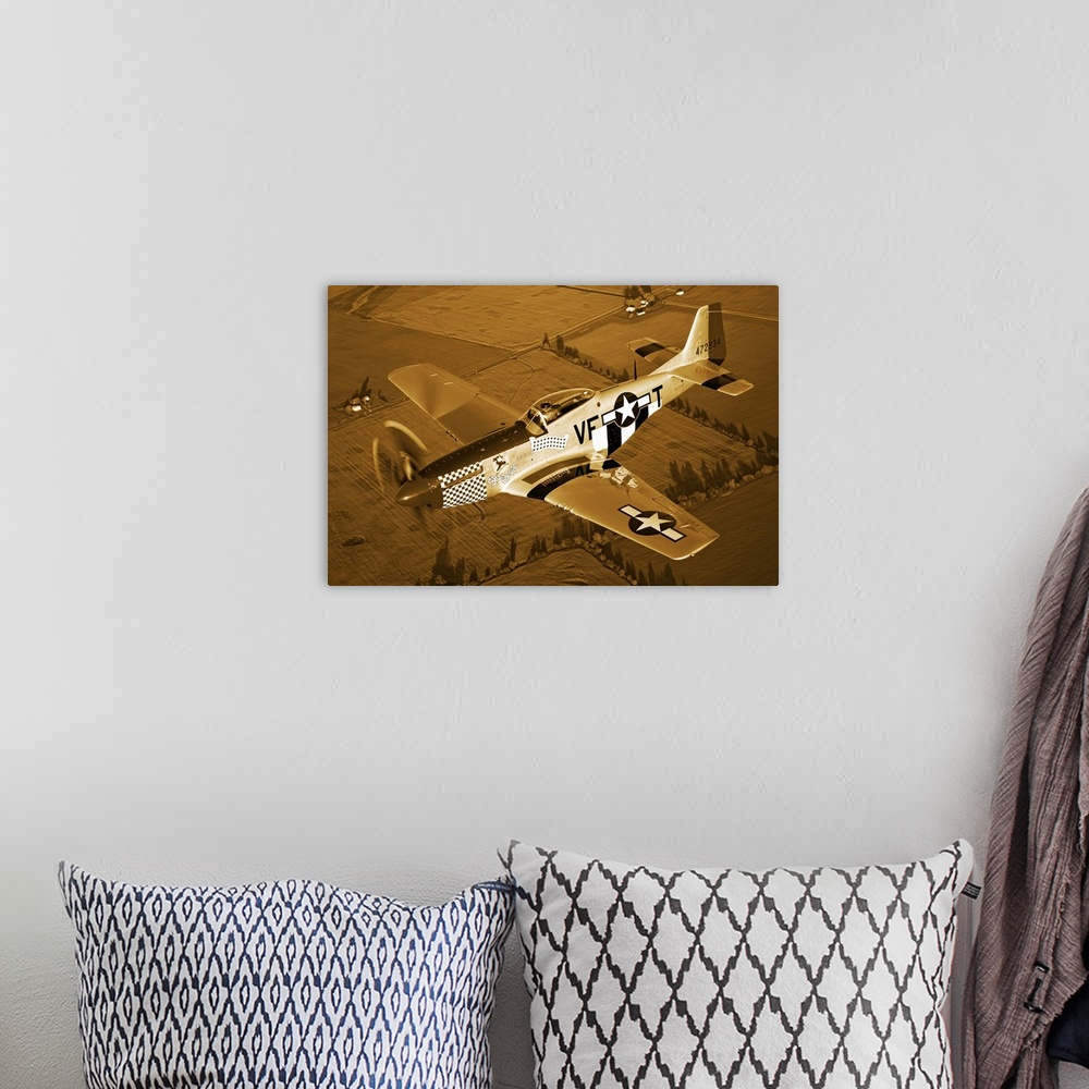 A bohemian room featuring Big, horizontal photograph of a North American P-51D Mustang in flight near Columbus, Ohio, over ...