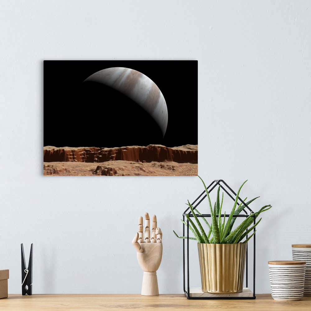 A bohemian room featuring Artist's concept of a view towards Jupiter across the surface of Io.