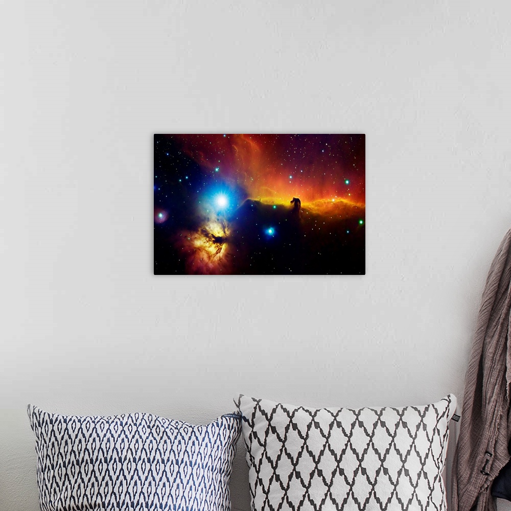 A bohemian room featuring Big photograph showcases a star filled sky within the Alnitak region in Orion Flame Nebula that f...
