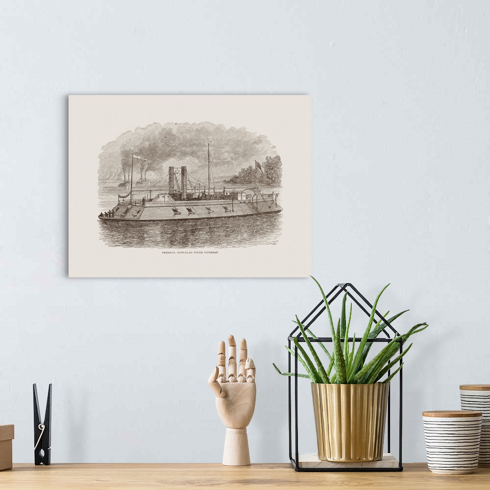 A bohemian room featuring American Civil War history engraved print of a Union ironclad river gunboat.