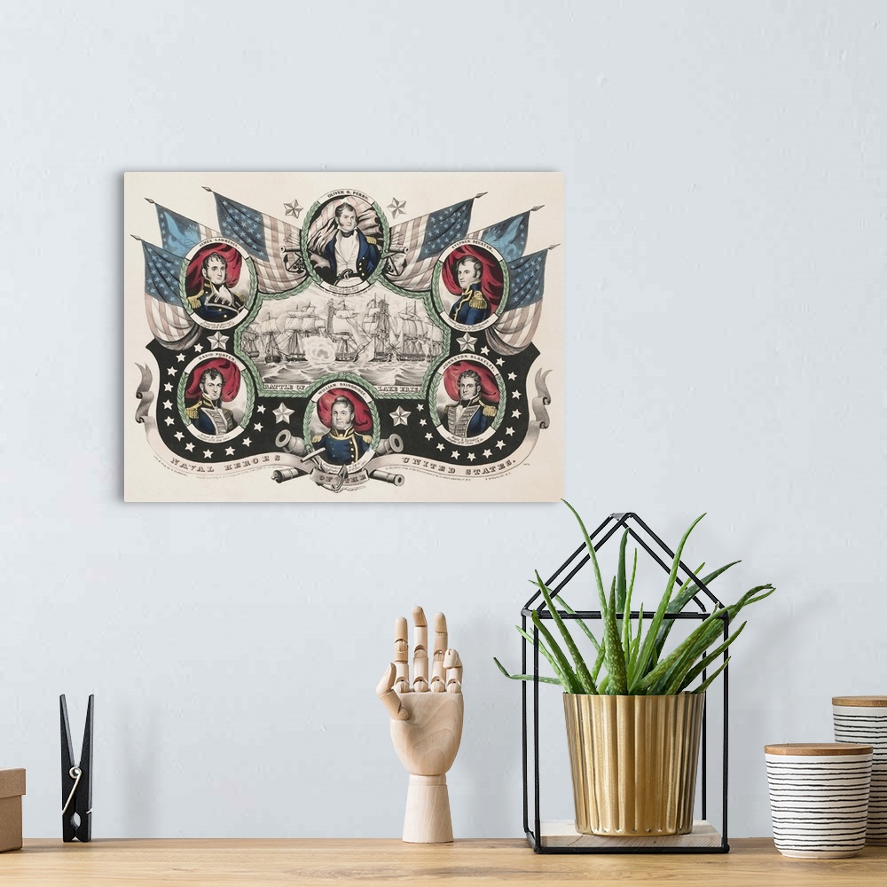 A bohemian room featuring American history print showing Naval heroes of the United States.