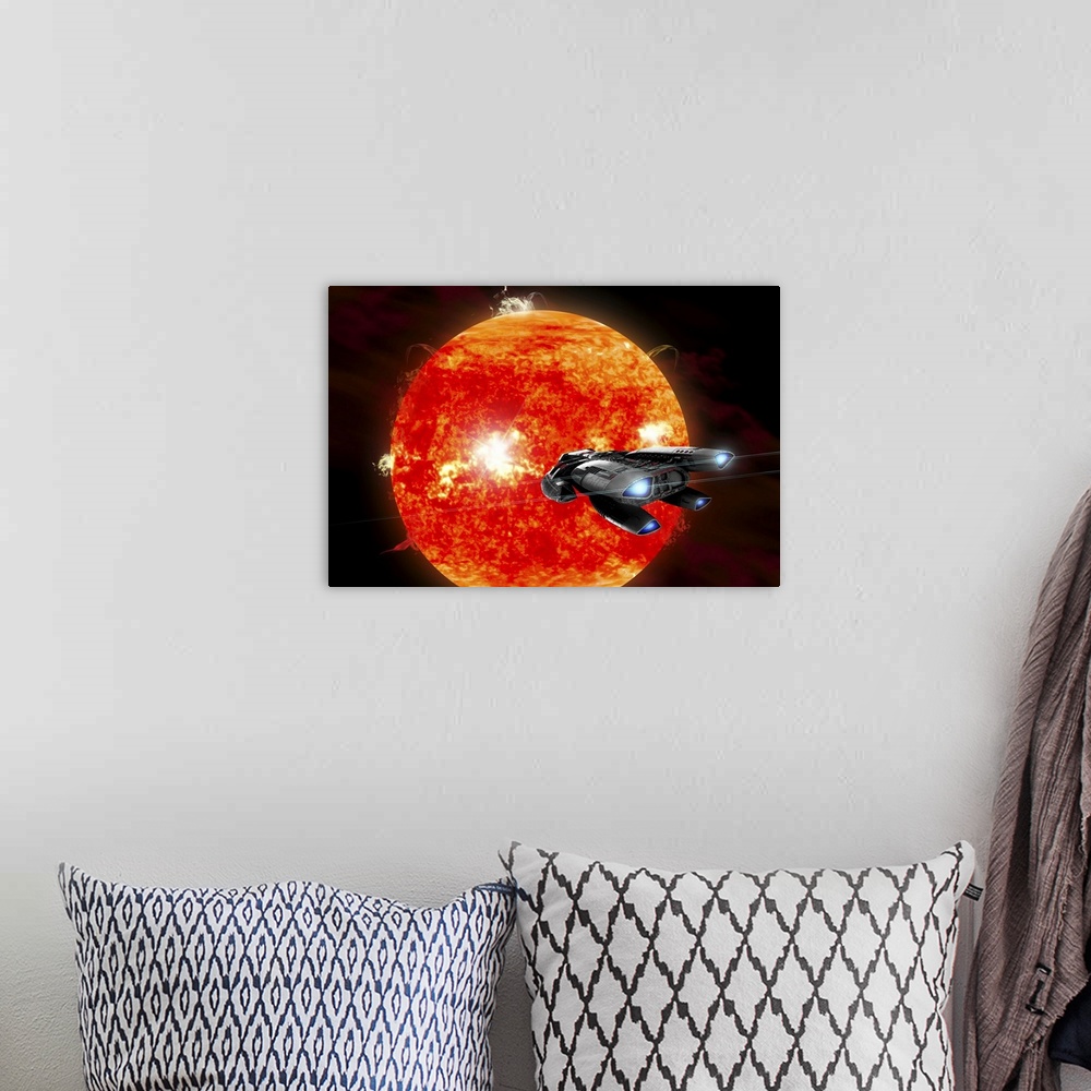A bohemian room featuring An ion drive powered exploration spaceship approaches a violent, new red star.