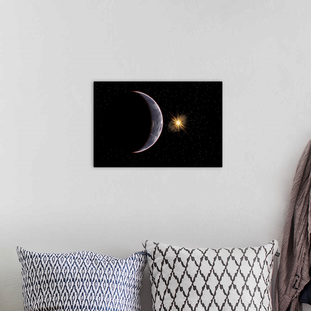 A bohemian room featuring Artist's concept of a super Earth planet called Planet Nine.