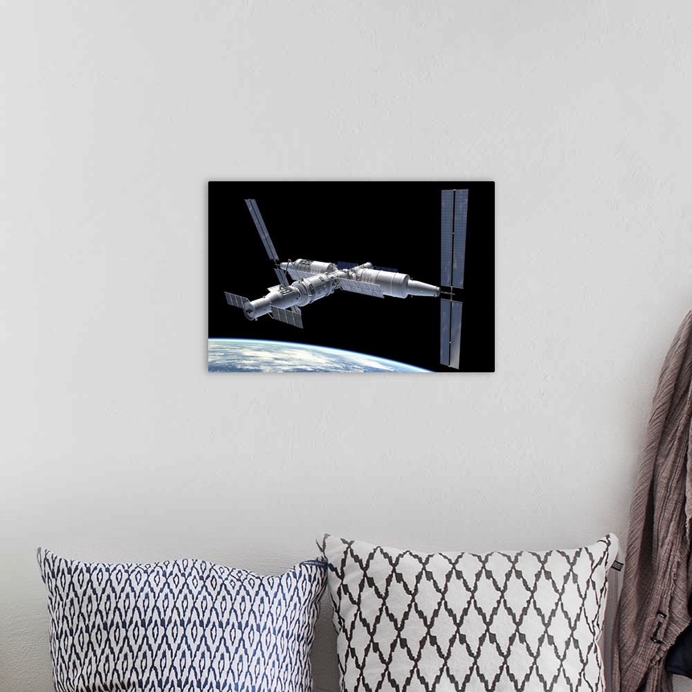 A bohemian room featuring Artist's concept of the Chinese space station Tiangon-3 in orbit.