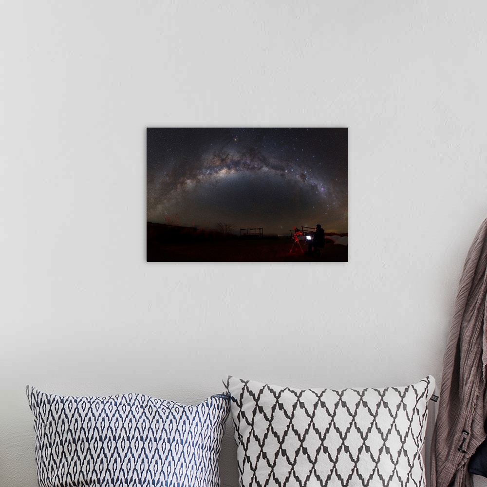 A bohemian room featuring Astronomer with telescope looking at the Milky Way in the Atacama Desert, Chile.