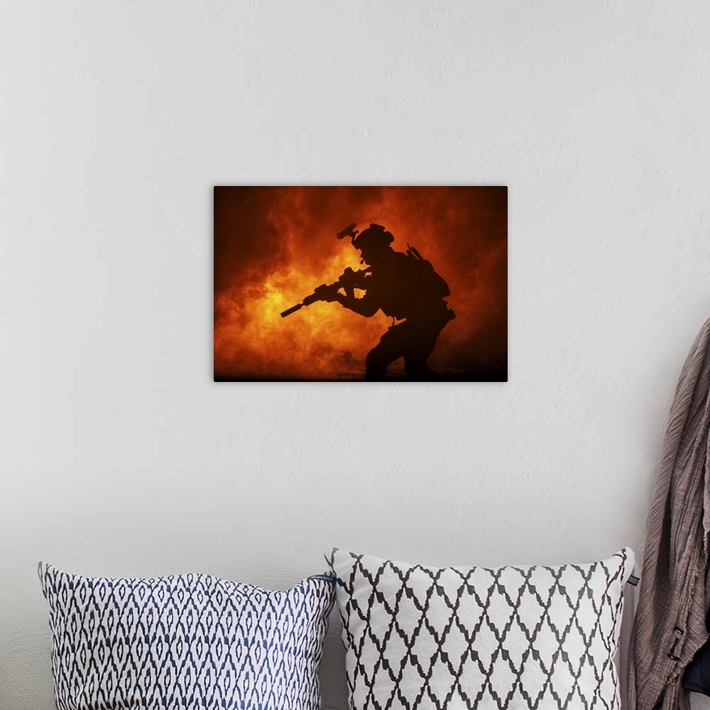 A bohemian room featuring Black silhouette of soldier in the burning fire during a battle operation.