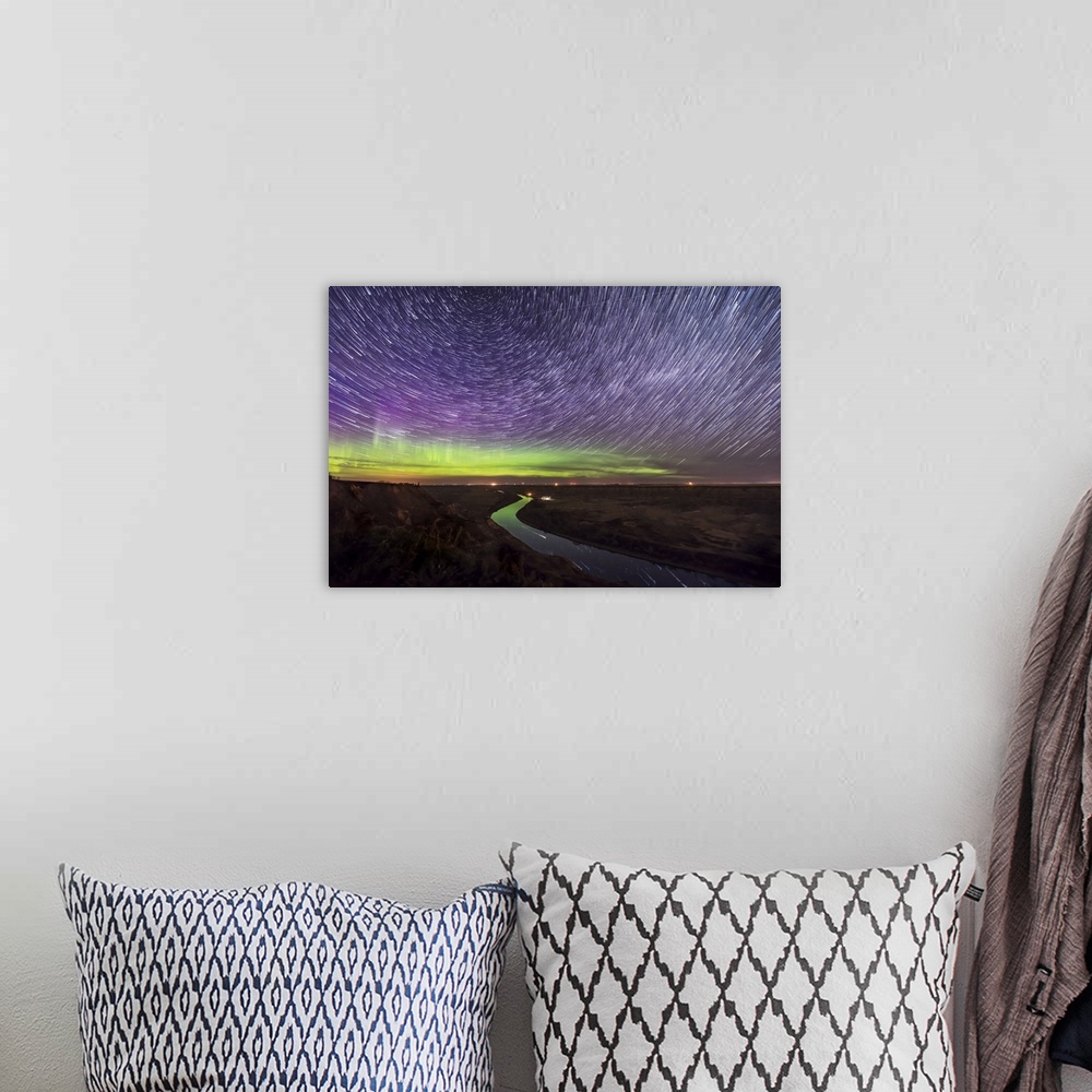 A bohemian room featuring Circumpolar star trails and aurora over the Red Deer River, Alberta, Canada.