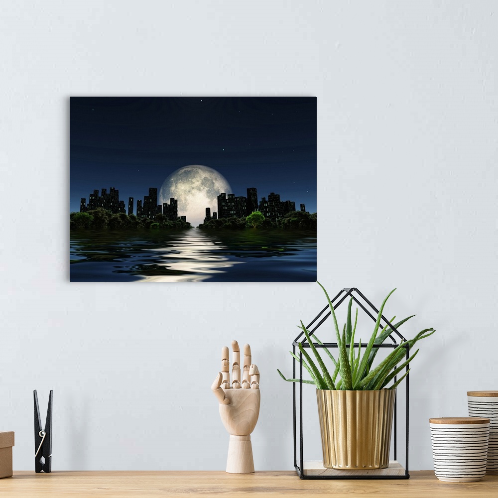 A bohemian room featuring City surrounded by green trees in water world with a giant moon in the sky.
