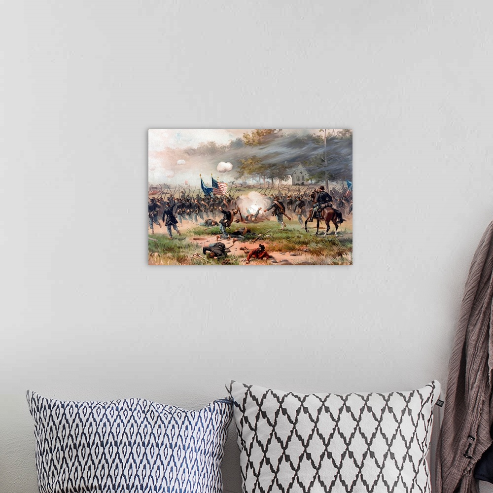 A bohemian room featuring Vintage Civil War painting of Union and Confederate troops fighting at The Battle of Antietam, al...