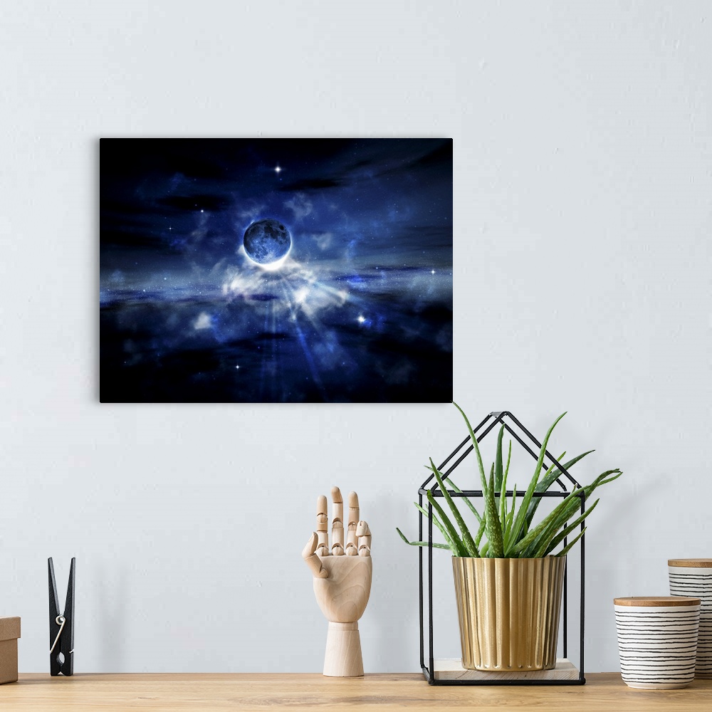 A bohemian room featuring Artwork that is a digital re-creation of a planet in outer space. Light beams from behind it with...