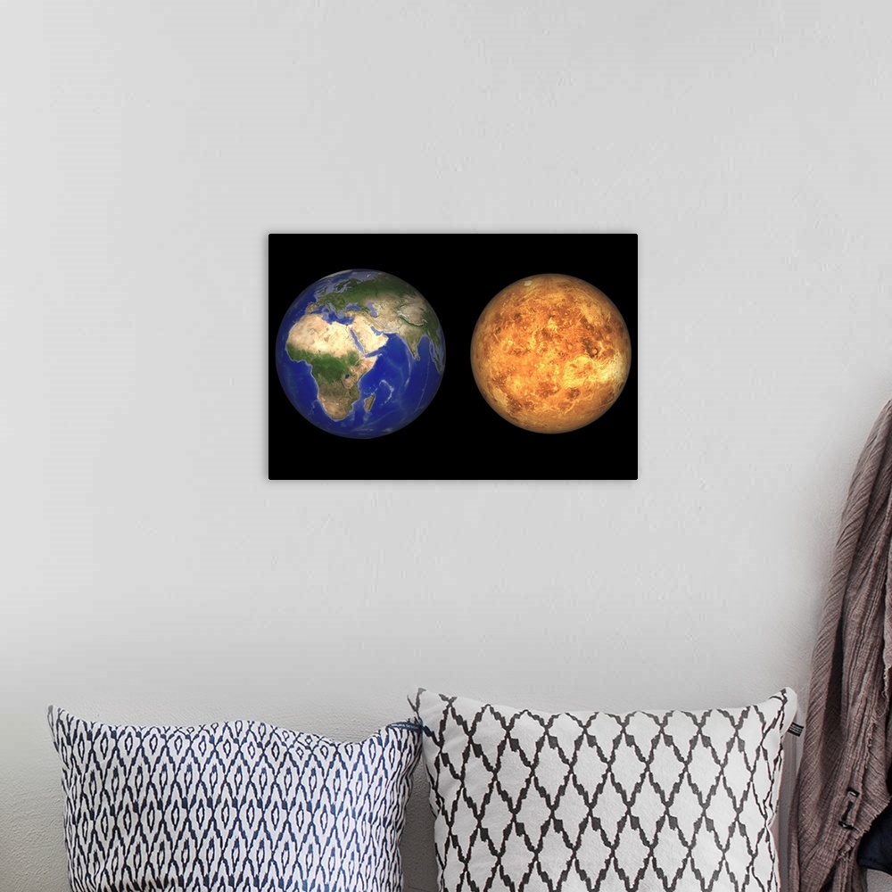 A bohemian room featuring Artist's concept showing Earth and Venus without their atmospheres.