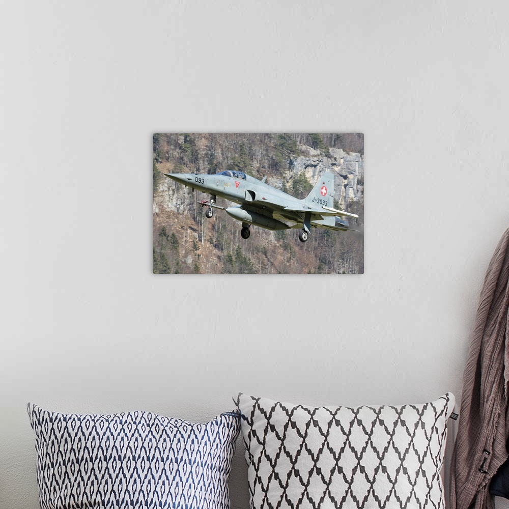 A bohemian room featuring F-5E Tiger II from the Swiss Air Force landing.