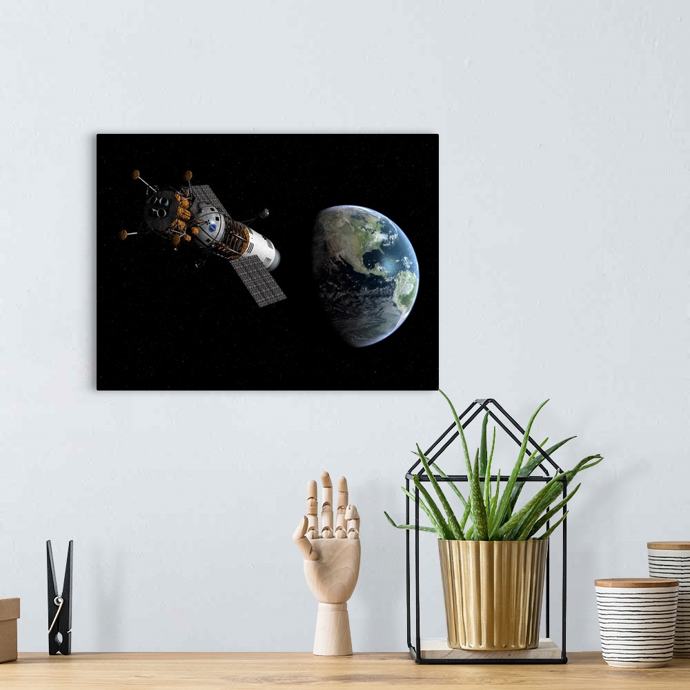 A bohemian room featuring Illustration of a lunar tug propelling itself into Earth orbit.