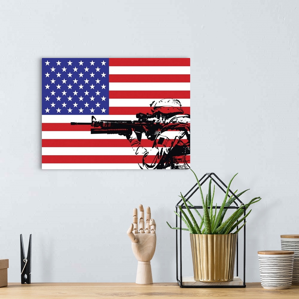 A bohemian room featuring Illustration of U.S. Marine in front of the USA flag.