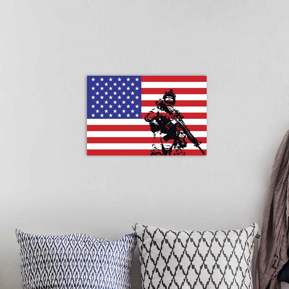 A bohemian room featuring Illustration of U.S. Marine in front of the USA flag.