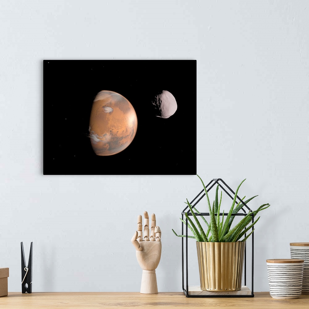 A bohemian room featuring Artist's concept of Mars and its moon, Dione.