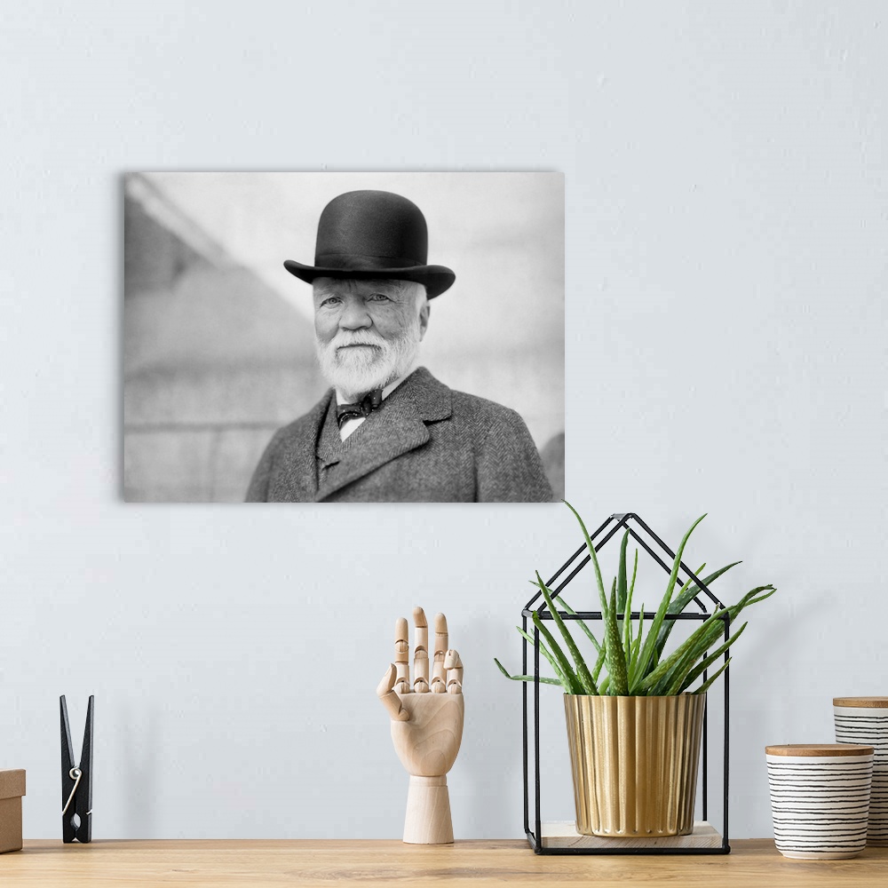 A bohemian room featuring October 18, 1913 - Andrew Carnegie wearing a bowler hat.