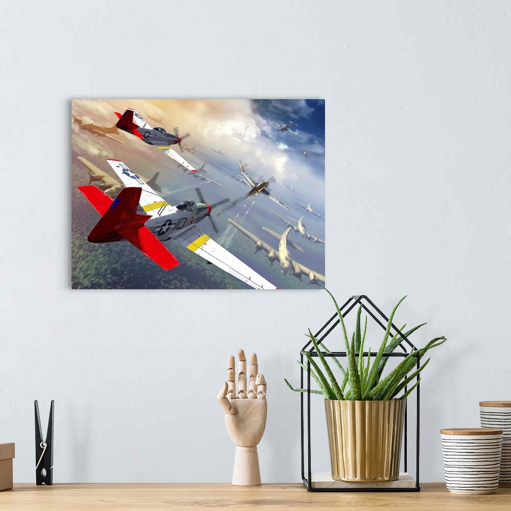 A bohemian room featuring P-51 Mustangs escorting B-17 bombers from German fighter planes.