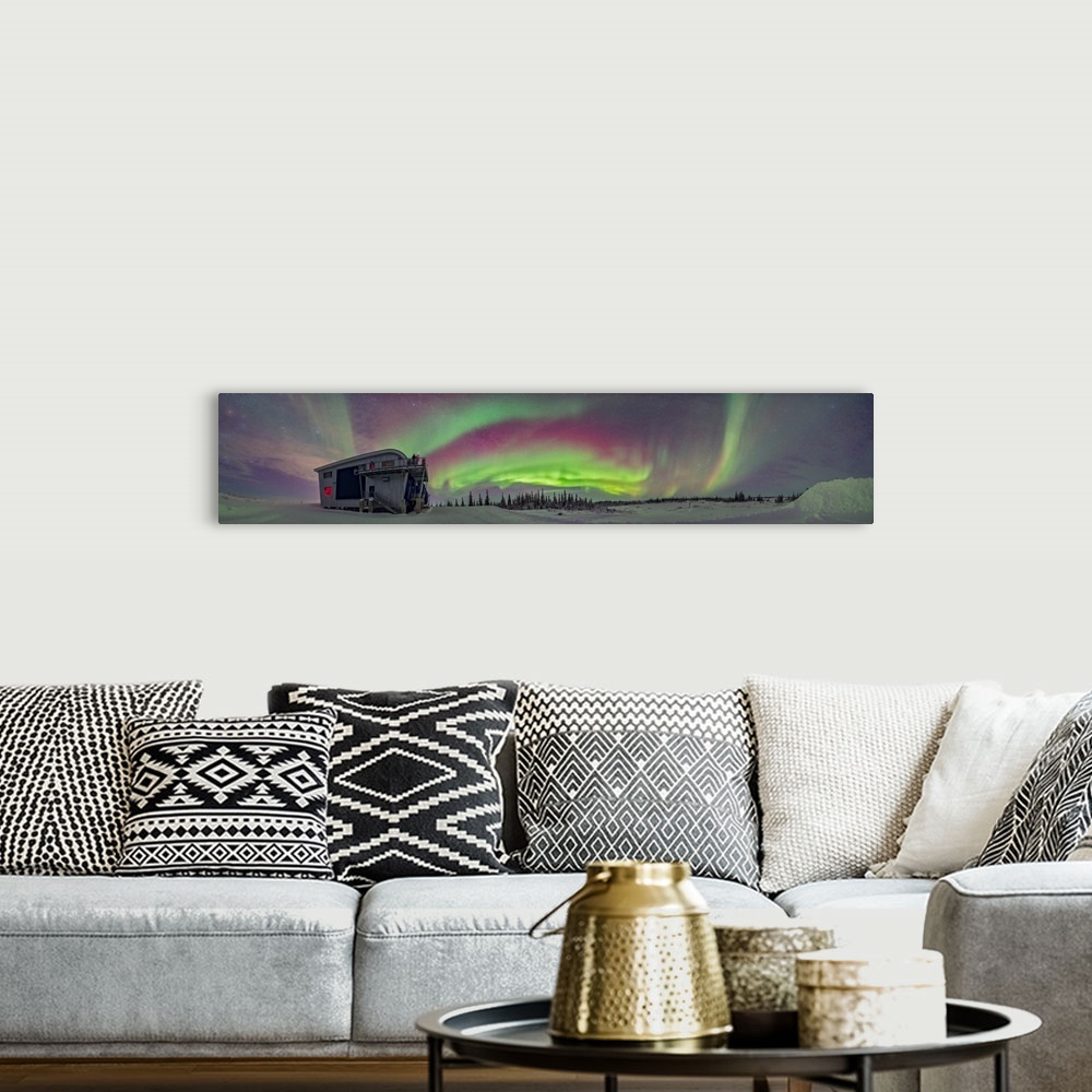 A bohemian room featuring Panorama of auroral arcs on the shore of Hudson Bay, Canada.