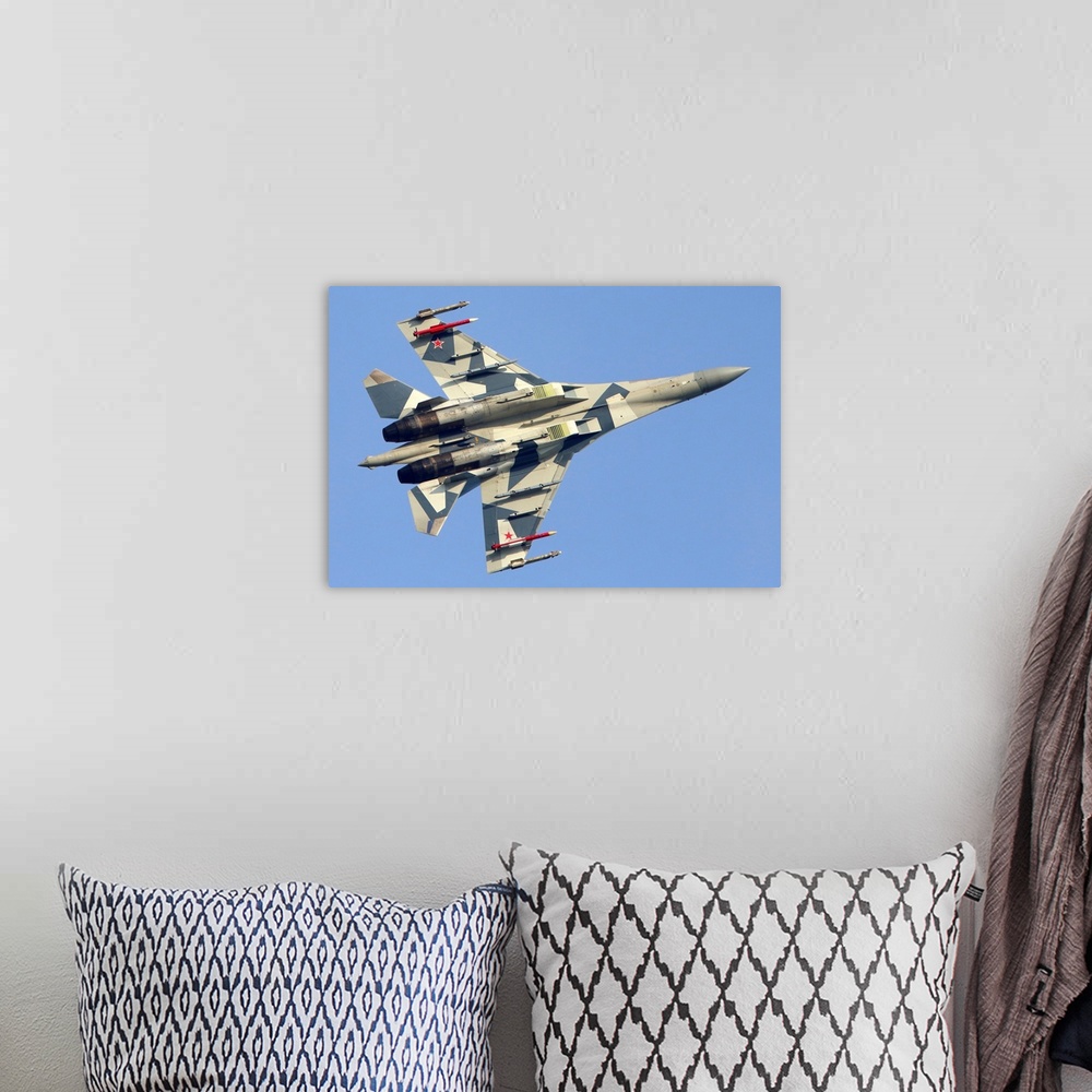 A bohemian room featuring Su-35BM jet fighter of the Russian Air Force during test flight.