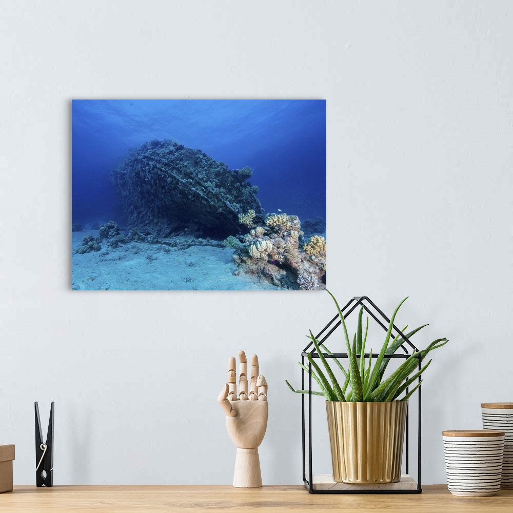 A bohemian room featuring The Chinese tugboat Tien Hsing shipwreck in the Abu Galawa reef, Red Sea, Egypt.