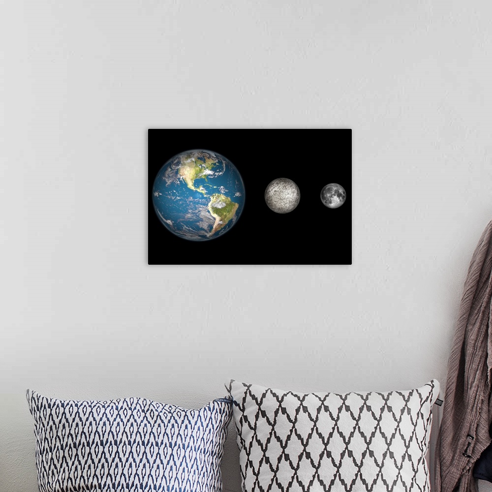 A bohemian room featuring Artist's concept of the Earth, Mercury, and Earth's moon to scale.