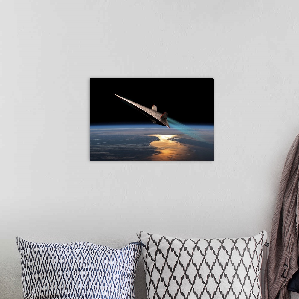 A bohemian room featuring The edges of a scram jet glow from friction as it flys near the edge of Earth's atmosphere.