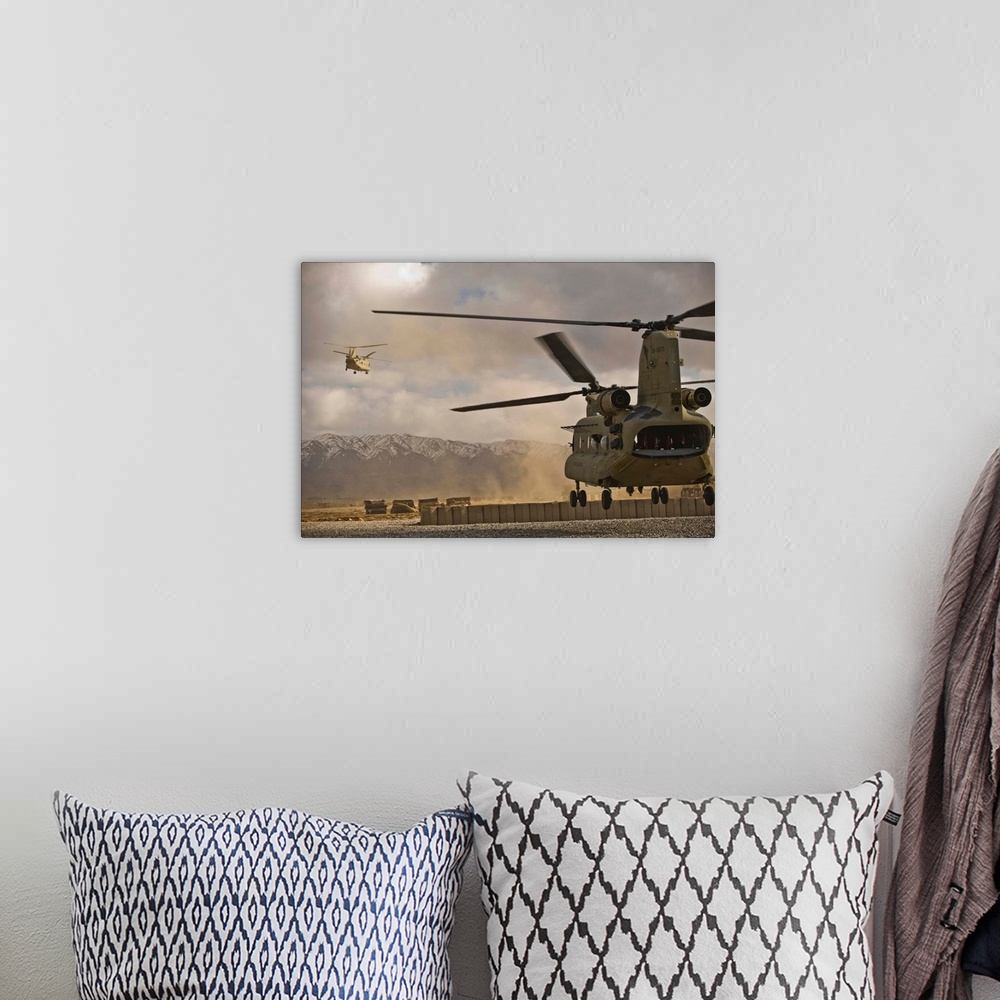 A bohemian room featuring U.S. Army CH-47 Chinook helicopters depart a military base in Afghanistan.