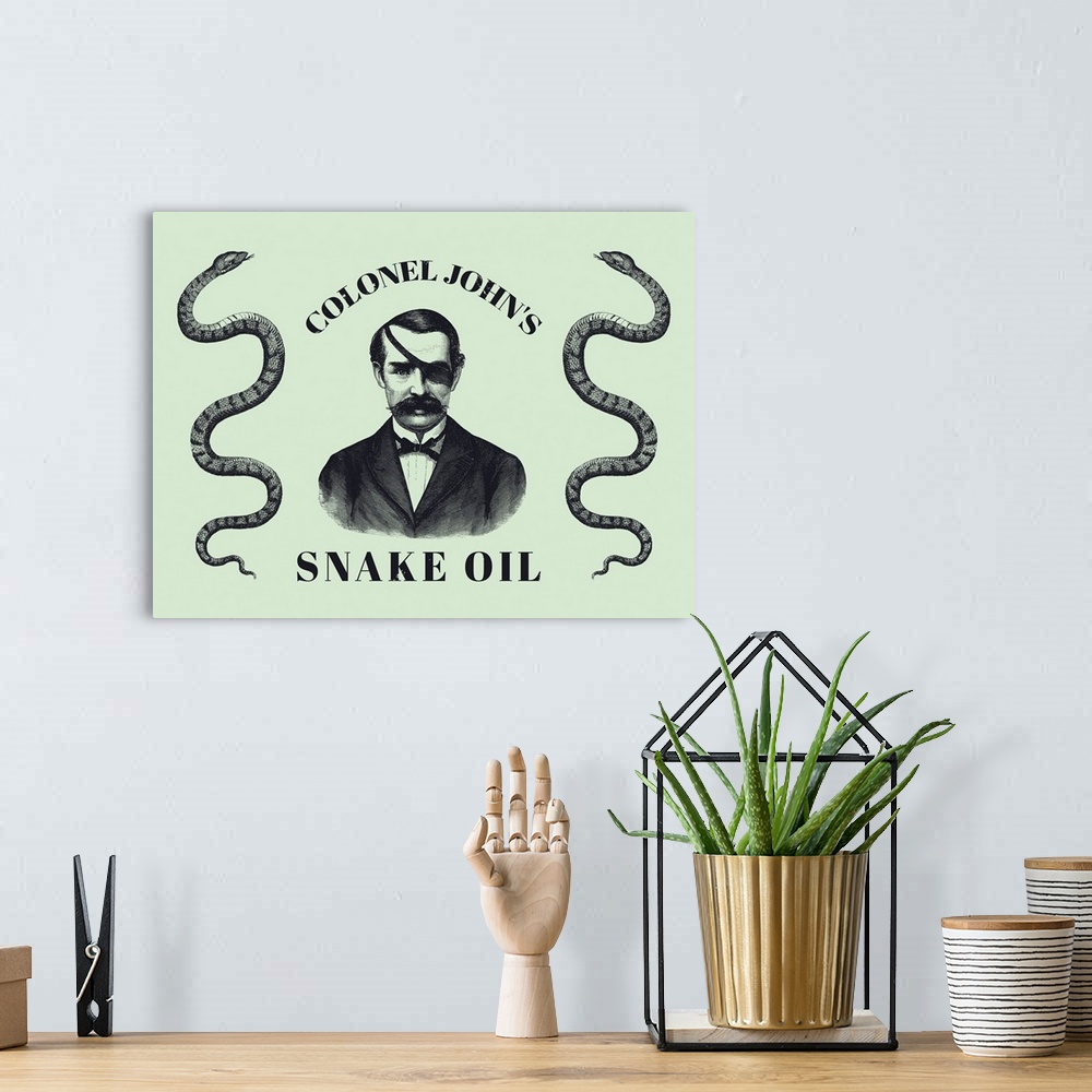 A bohemian room featuring Vintage style medical print of a man wearing an eyepatch and two snakes.