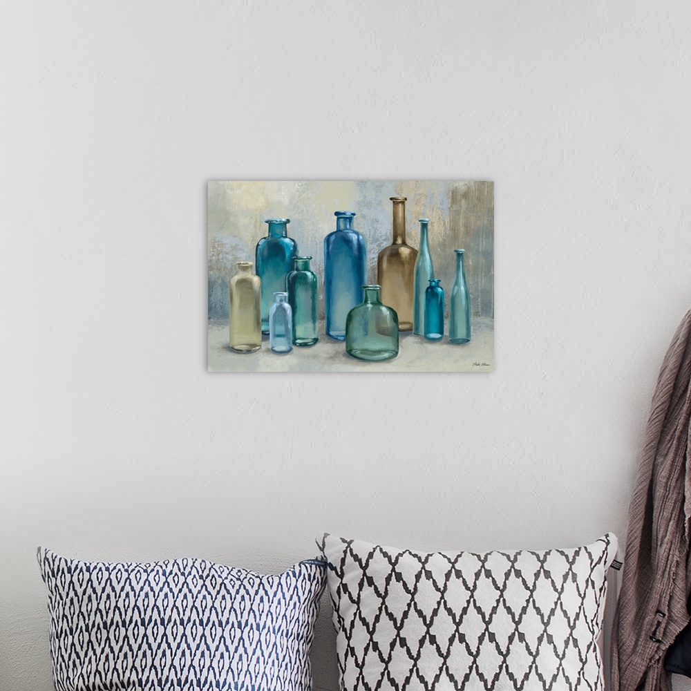 A bohemian room featuring A contemporary still life painting of ten blue and beige glass bottles.